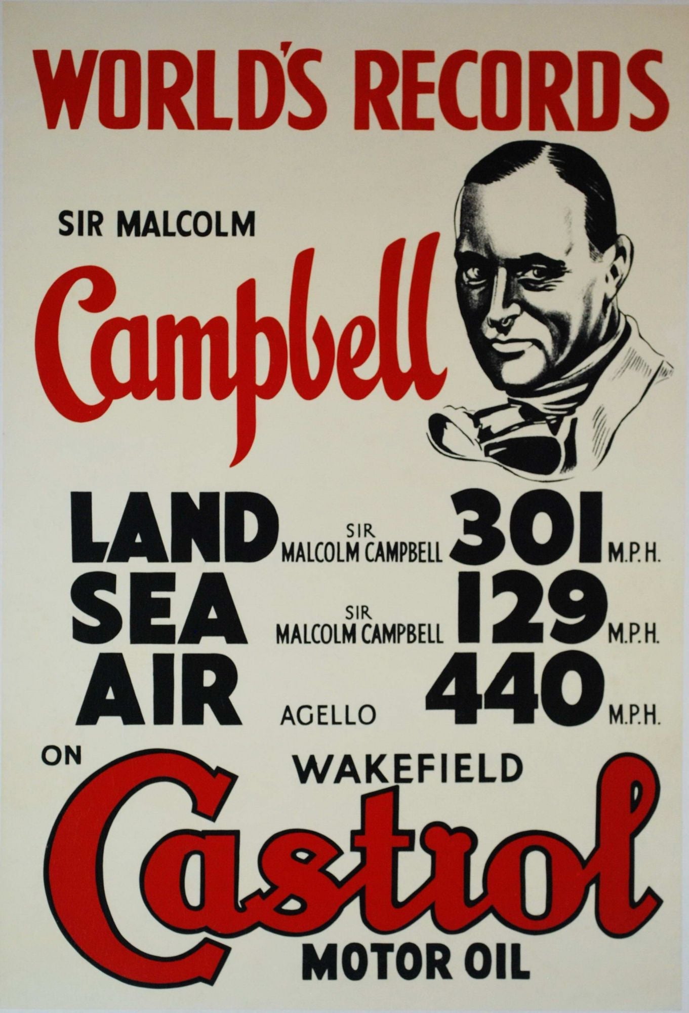 Sir Malcolm Campbell. World's Records On Wakefield Castrol Motor Oil