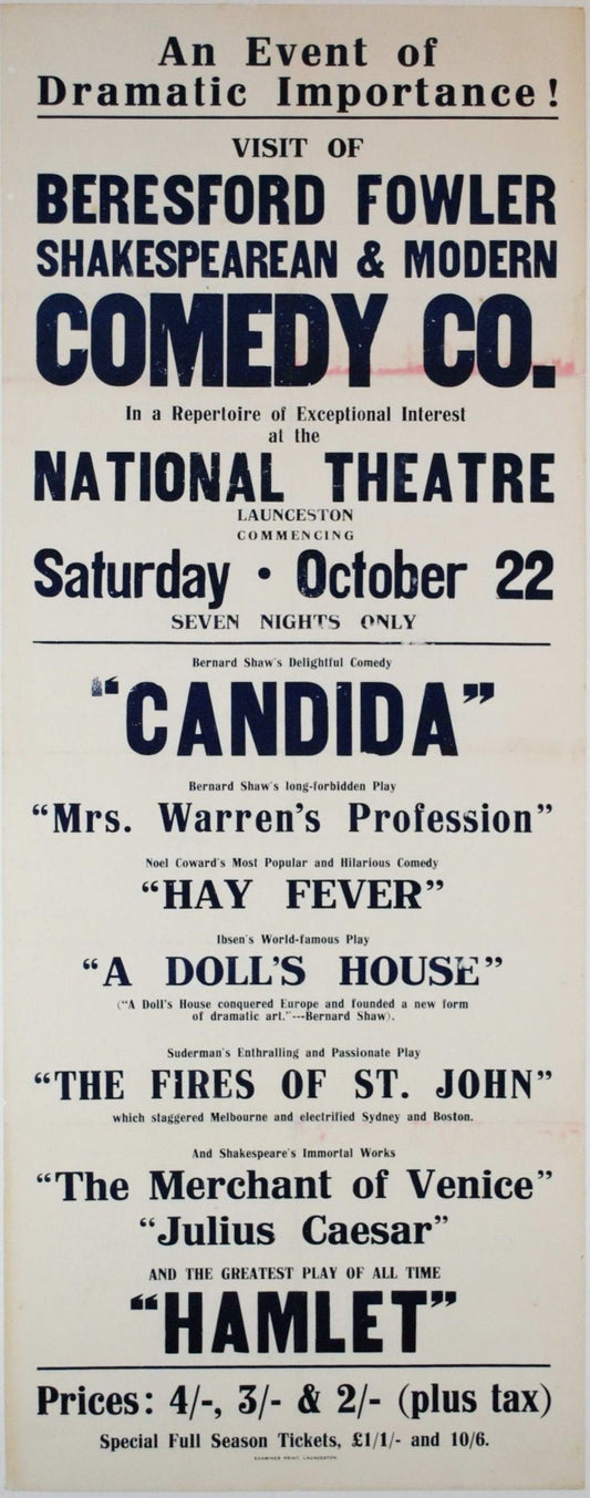 Visit Of Beresford Fowler Shakespearean & Modern Comedy Co... At The National Theatre, Launceston [Tasmania]